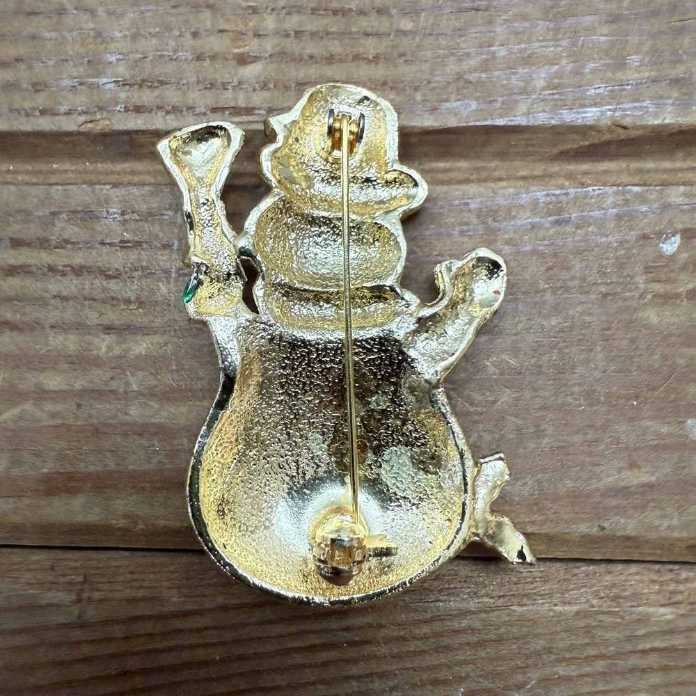 Vintage Snowman Brooch Pin‎ Gold Tone Enameled Christmas Holiday Winter XMAS